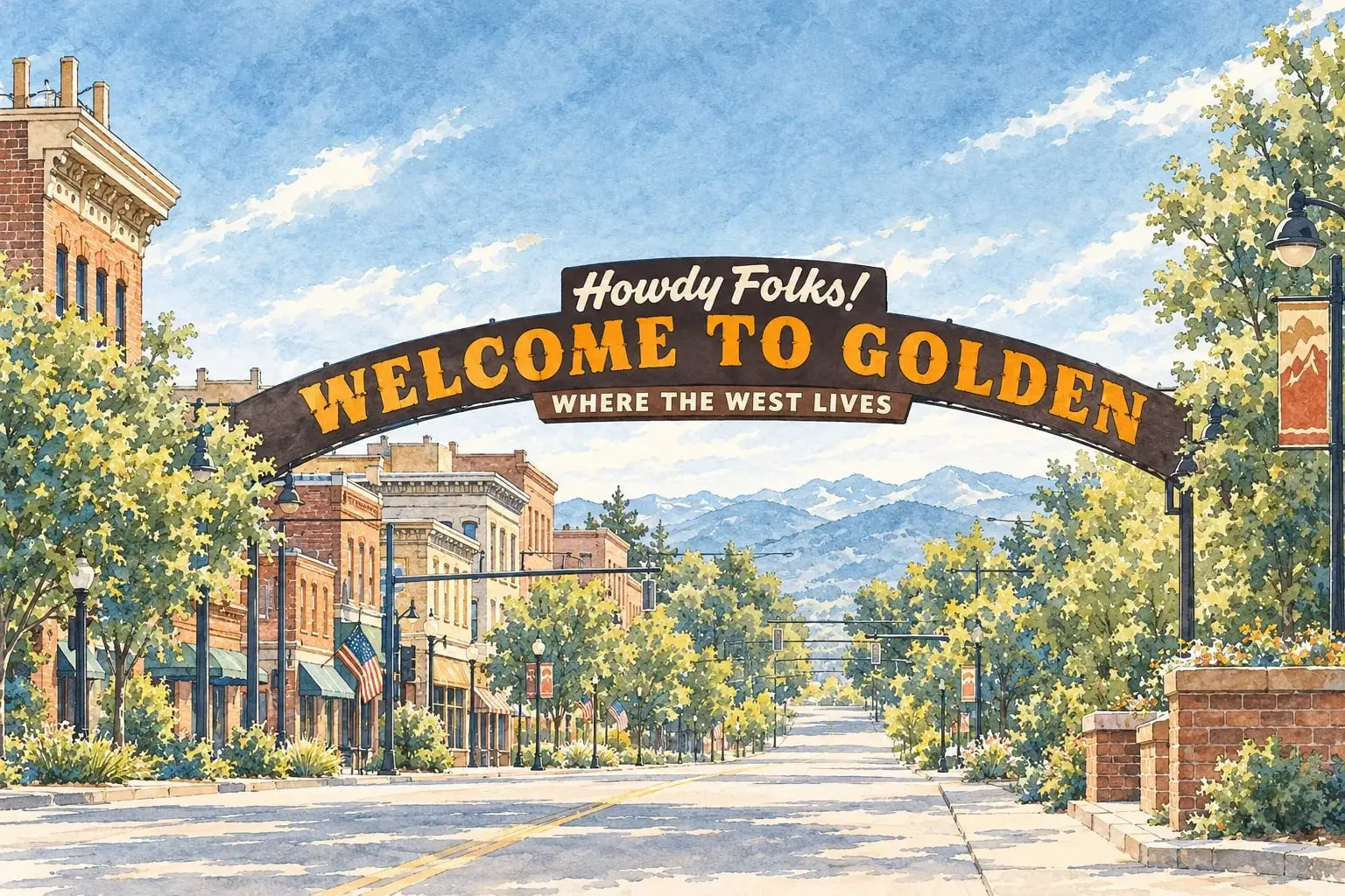 Ink and watercolor illustration of the Welcome to Golden arch over Washington Avenue