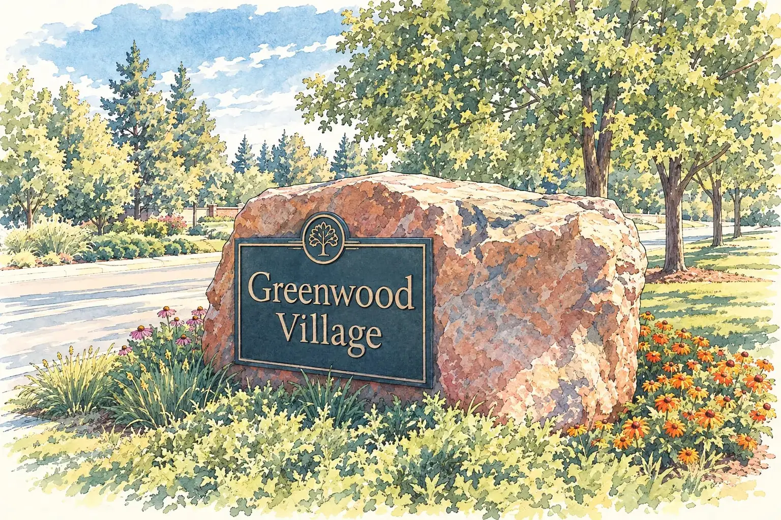 Ink and watercolor illustration of the Greenwood Village entry monument, a bronze plaque on a sandstone boulder among wildflowers