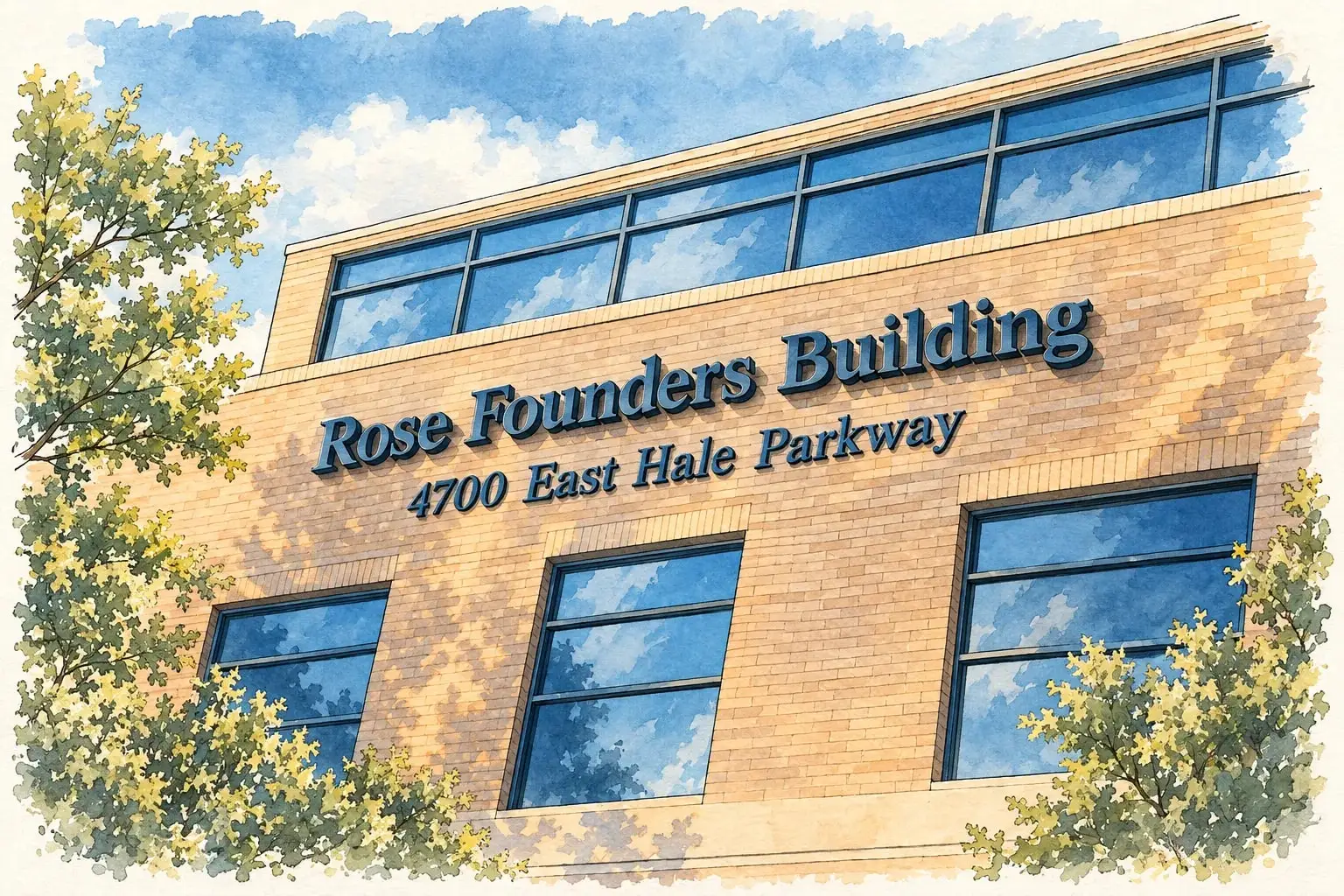 Ink and watercolor illustration of the Rose Founders Building on East Hale Parkway