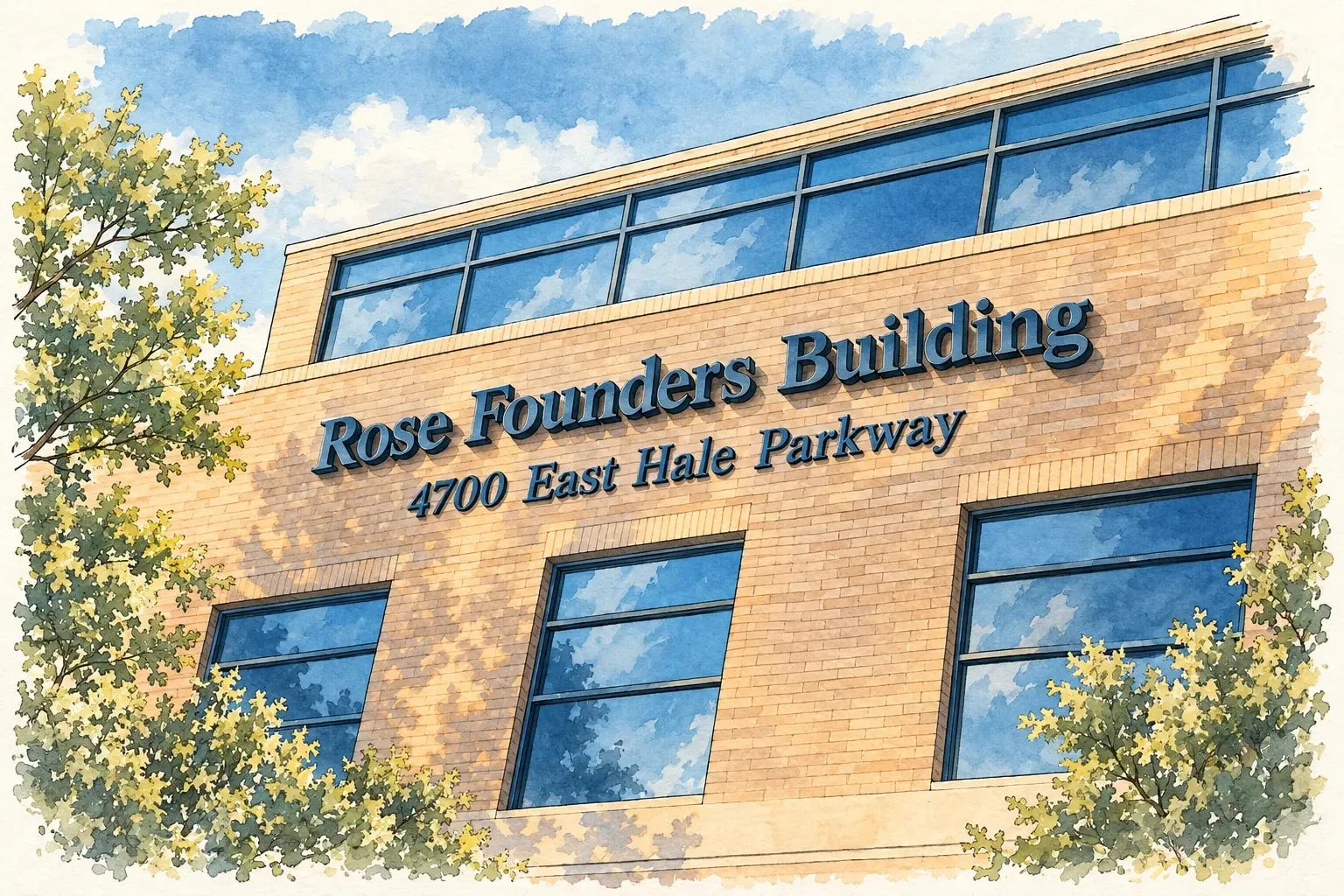 Ink and watercolor illustration of the Rose Founders Building on East Hale Parkway