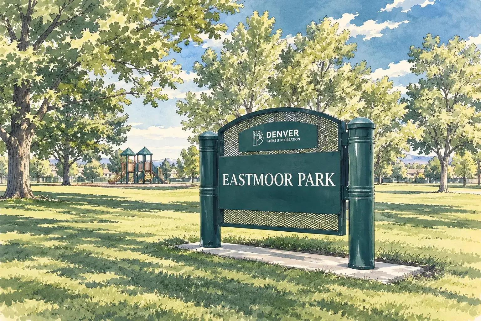 Ink and watercolor illustration of the Eastmoor Park sign under mature trees
