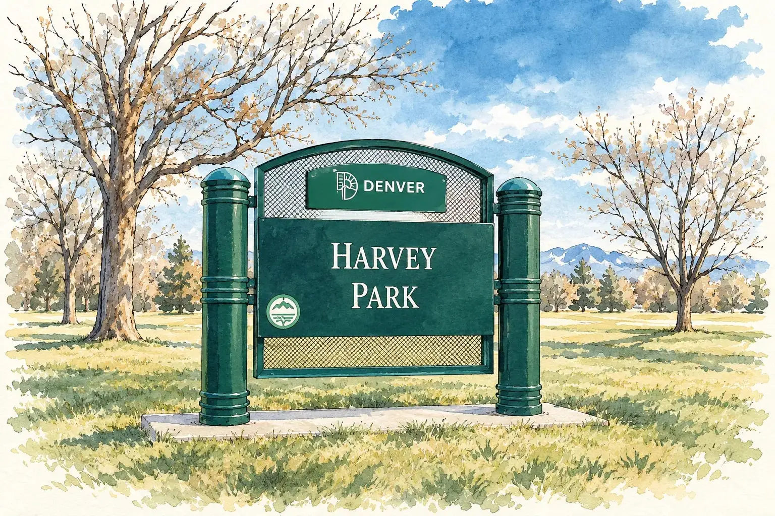 Ink and watercolor illustration of the Harvey Park sign on the park lawn