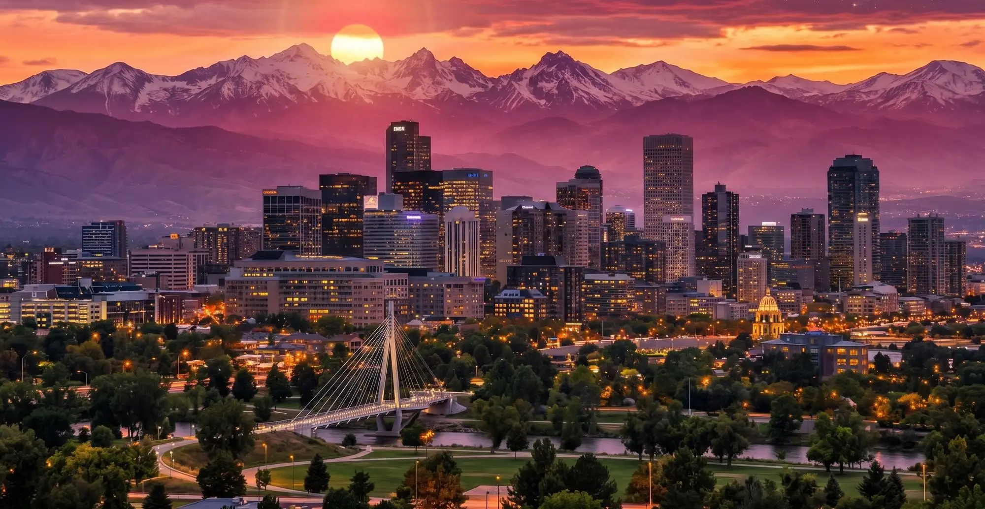 Denver skyline at sunrise with the snow-capped Rocky Mountains behind it