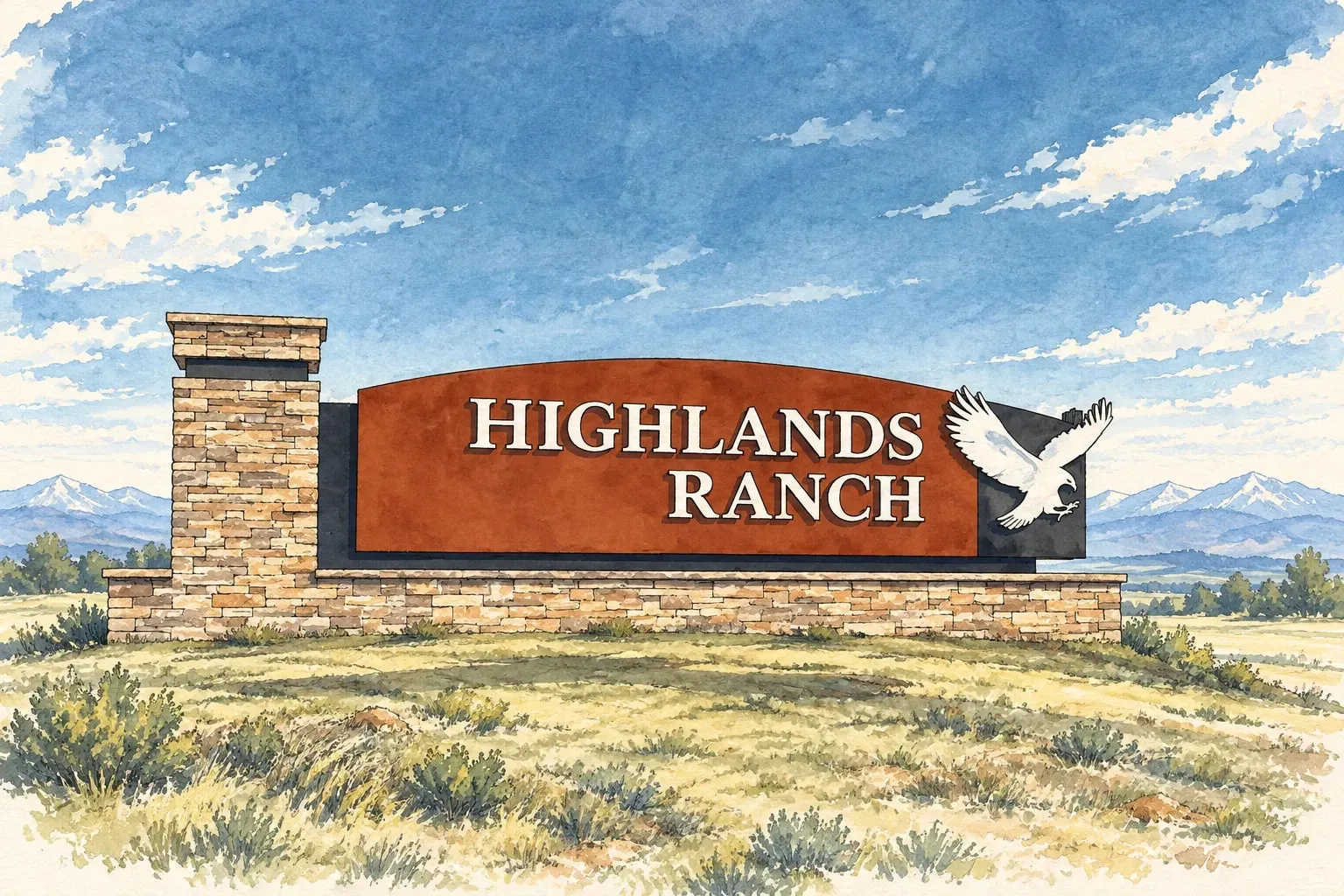 Ink and watercolor illustration of the Highlands Ranch stone entry sign with the mountains beyond