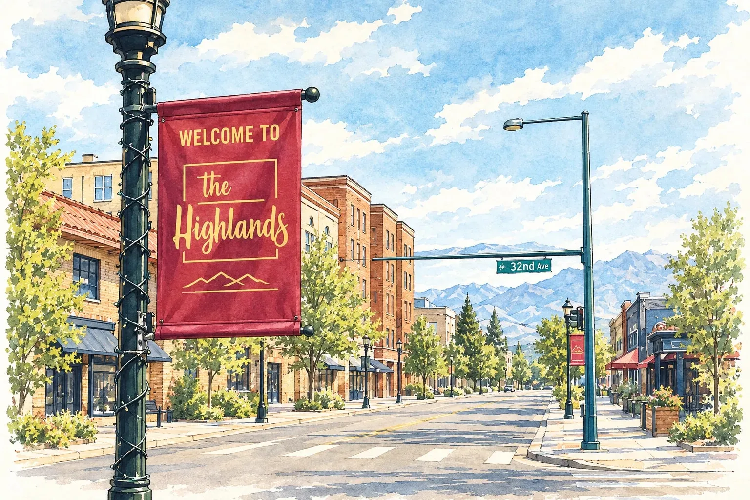 Ink and watercolor illustration of a Welcome to the Highlands banner on West 32nd Avenue
