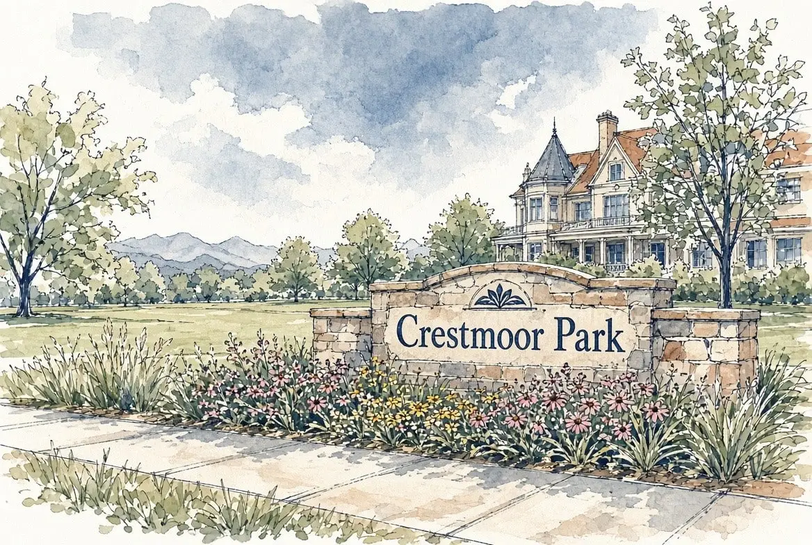 Ink and watercolor illustration of the Crestmoor Park stone sign with a grand Hilltop home behind