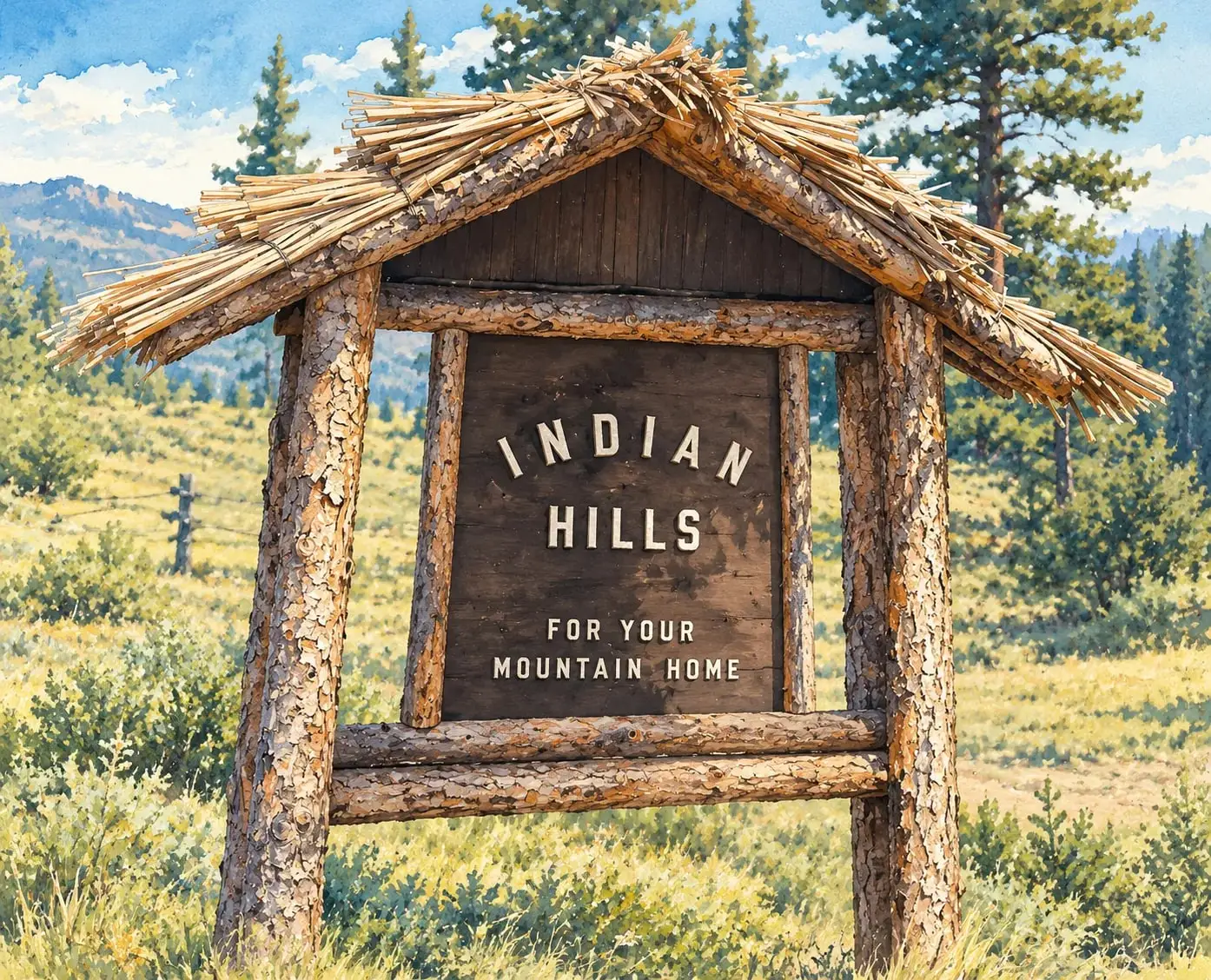 Ink and watercolor illustration of the rustic log Indian Hills sign in a mountain meadow