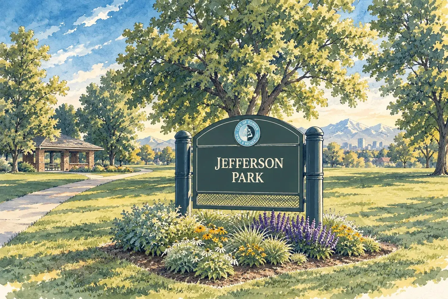 Ink and watercolor illustration of the Jefferson Park sign with the downtown skyline and mountains beyond