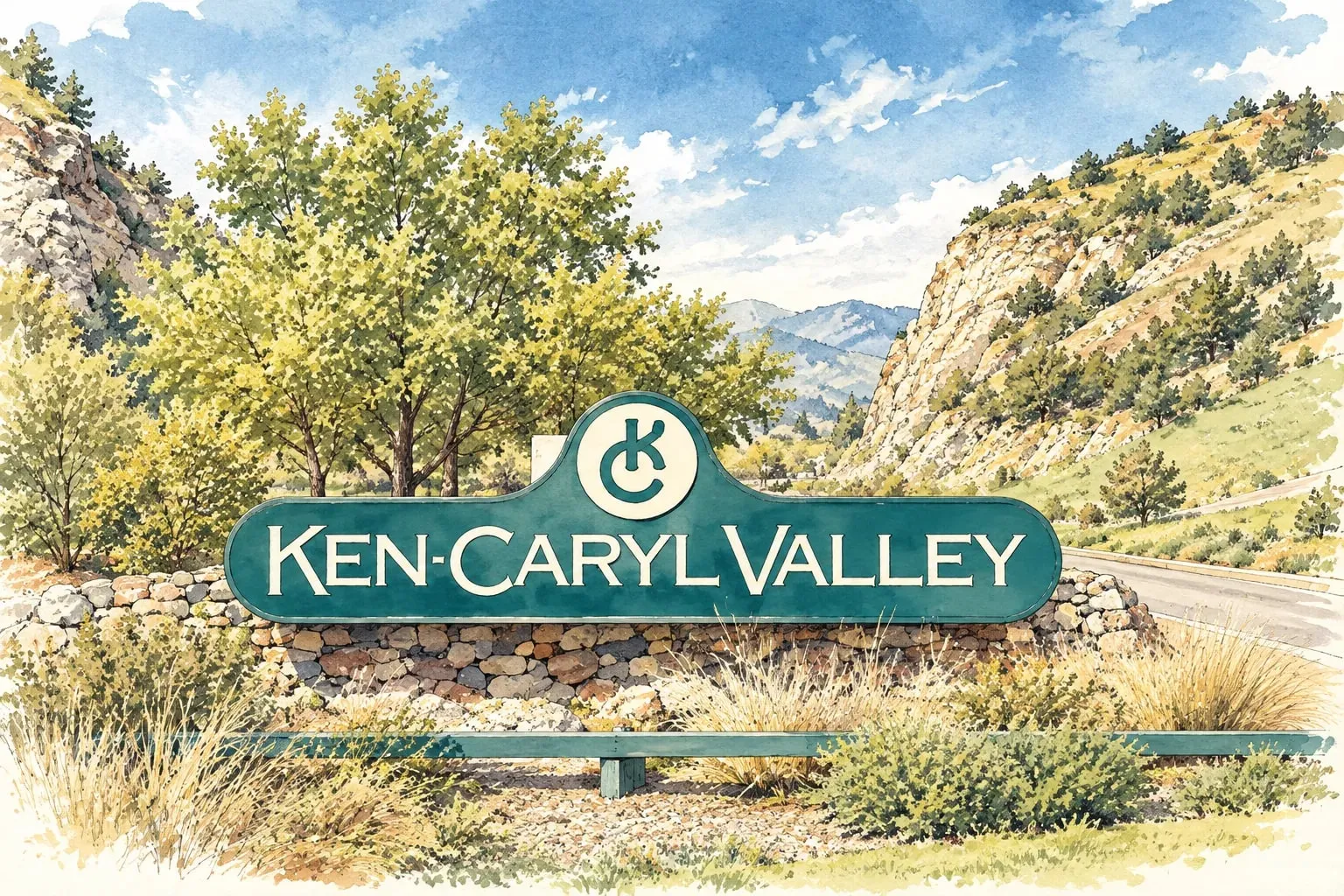 Ink and watercolor illustration of the Ken-Caryl Valley entry sign below the hogback