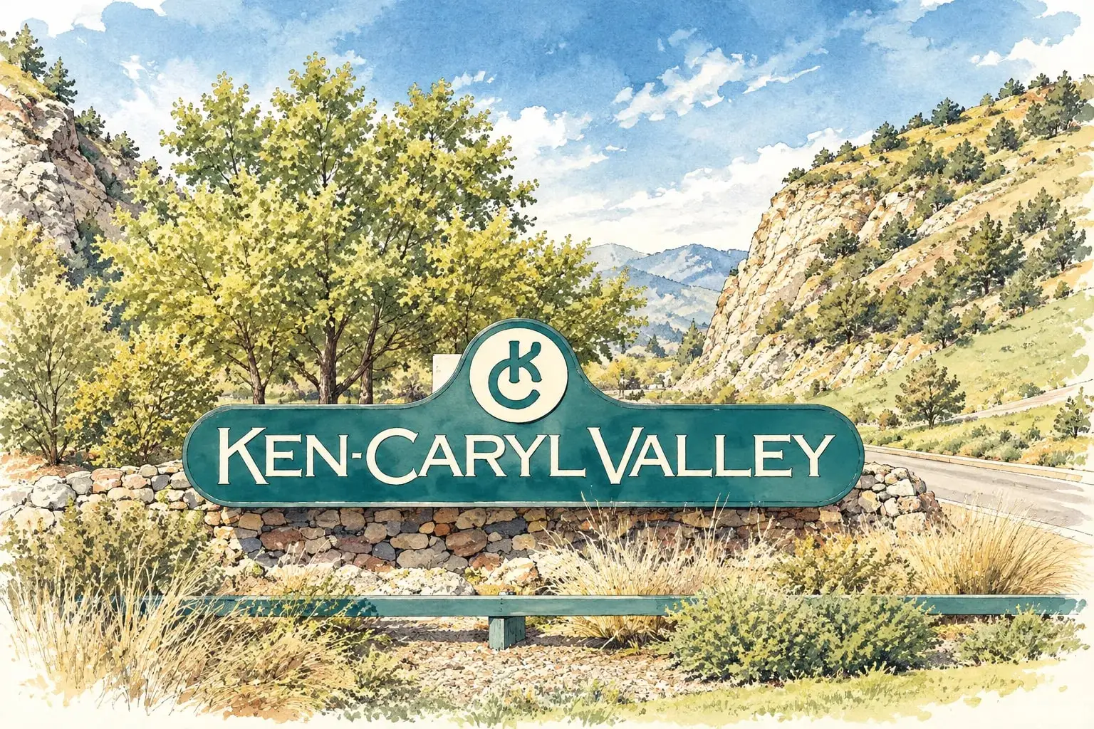 Ink and watercolor illustration of the Ken-Caryl Valley entry sign below the hogback