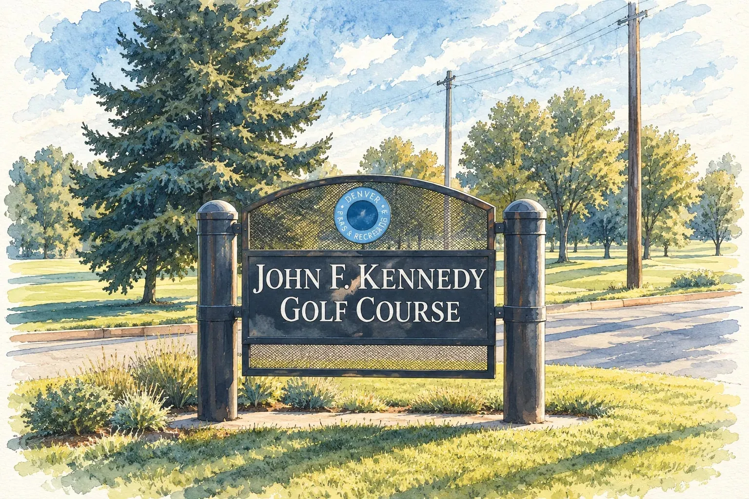 Ink and watercolor illustration of the John F. Kennedy Golf Course sign among the trees