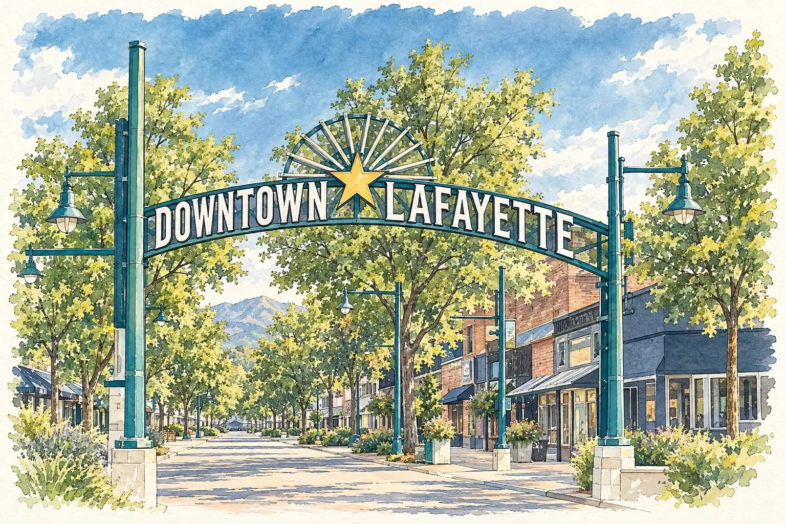 Ink and watercolor illustration of the Downtown Lafayette arch over Public Road