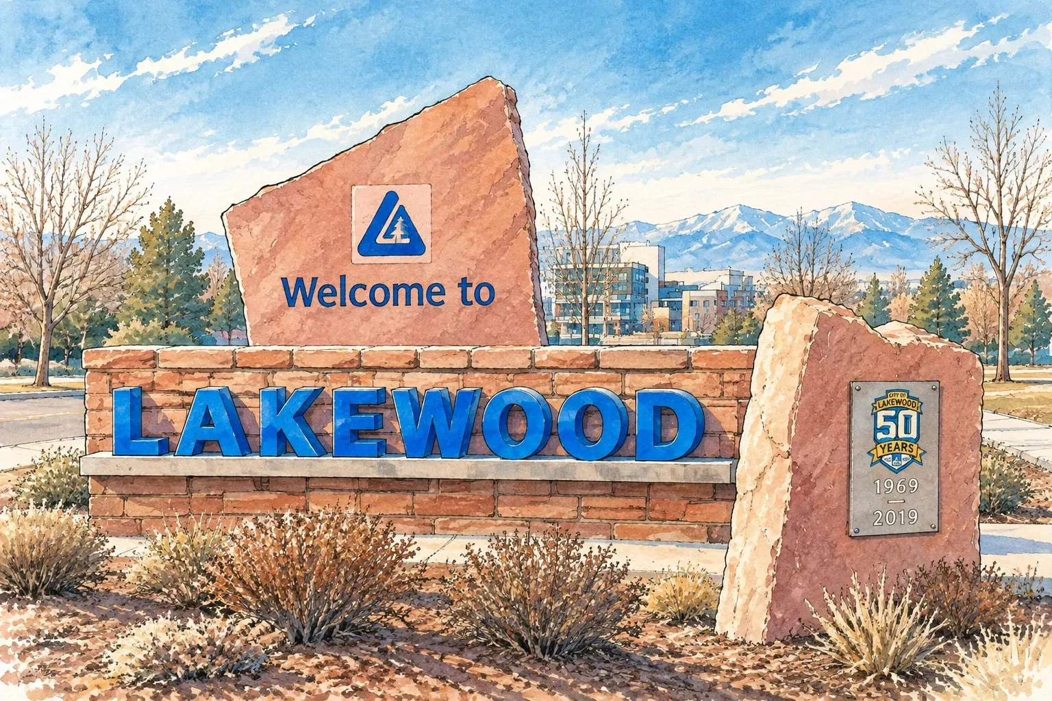 Ink and watercolor illustration of the Welcome to Lakewood stone entry sign with the mountains beyond