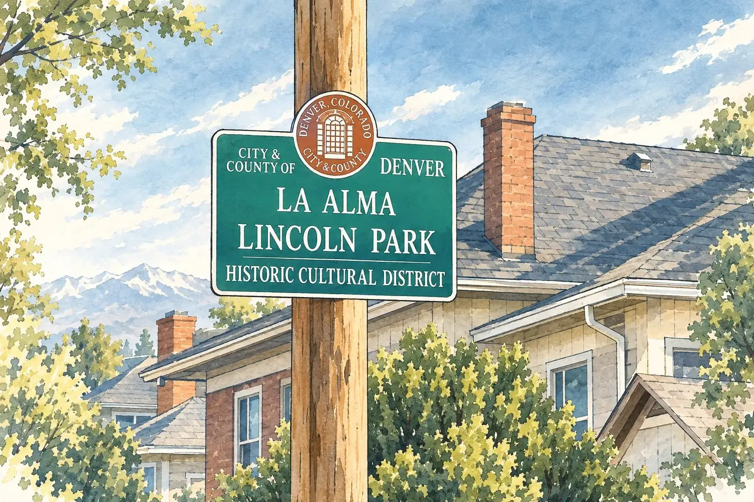Ink and watercolor illustration of the La Alma Lincoln Park Historic Cultural District sign above a row of cottages