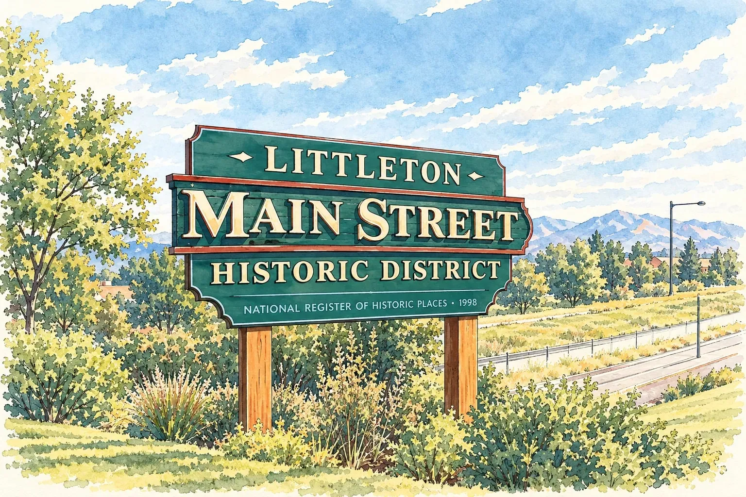 Ink and watercolor illustration of the Littleton Main Street Historic District sign with the mountains behind