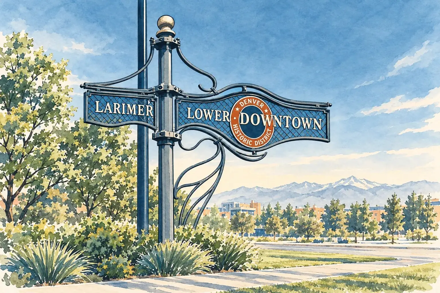 Ink and watercolor illustration of a Lower Downtown Historic District street sign at Larimer Street with the mountains beyond