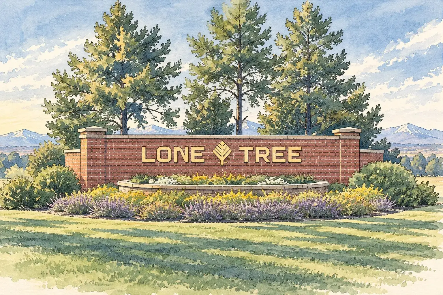 Ink and watercolor illustration of the Lone Tree brick entry wall with pines and the mountains beyond