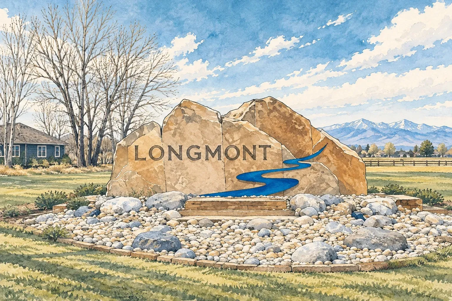 Ink and watercolor illustration of the Longmont sandstone entry monument with the mountains beyond