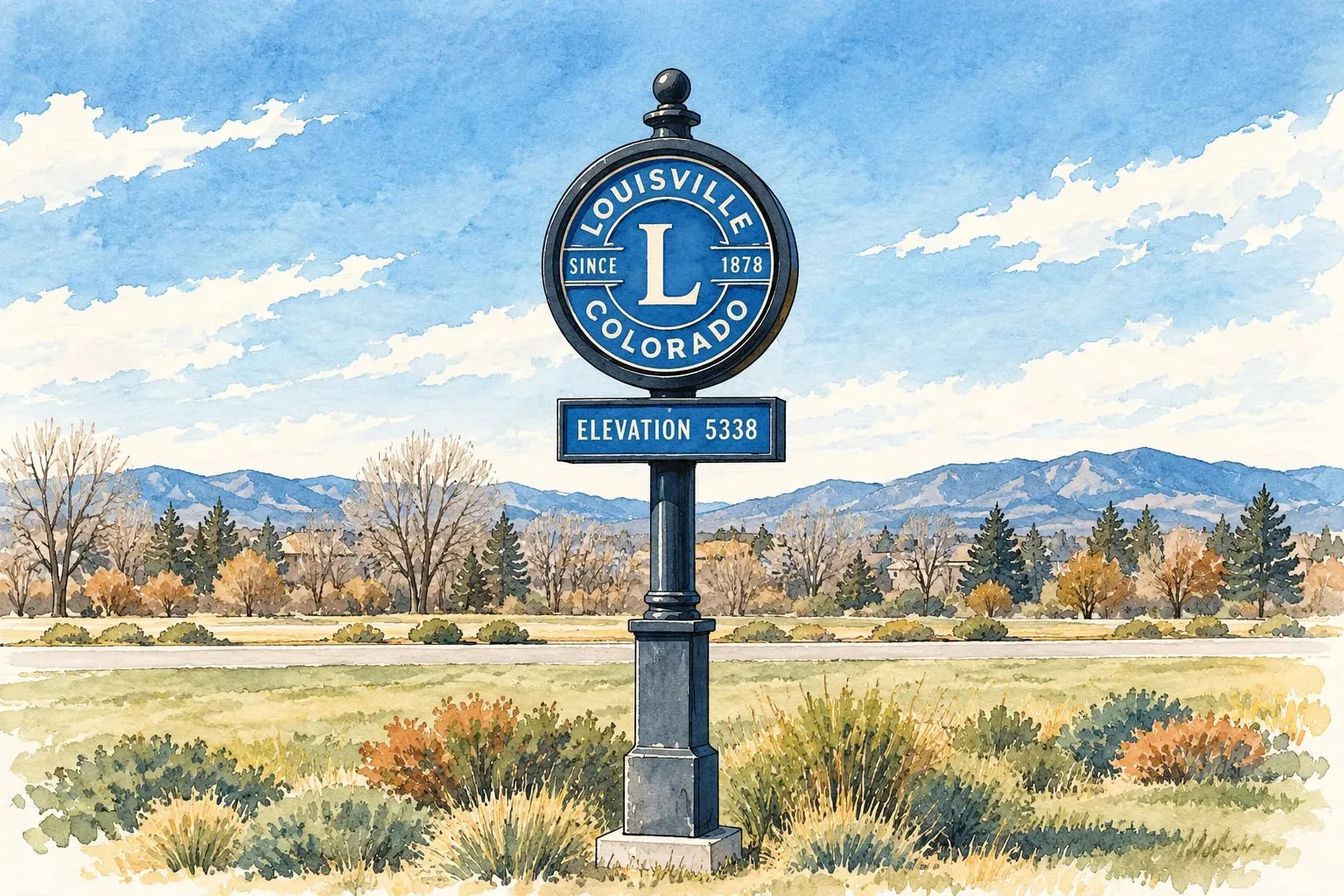 Ink and watercolor illustration of the round Louisville Colorado sign with the foothills beyond