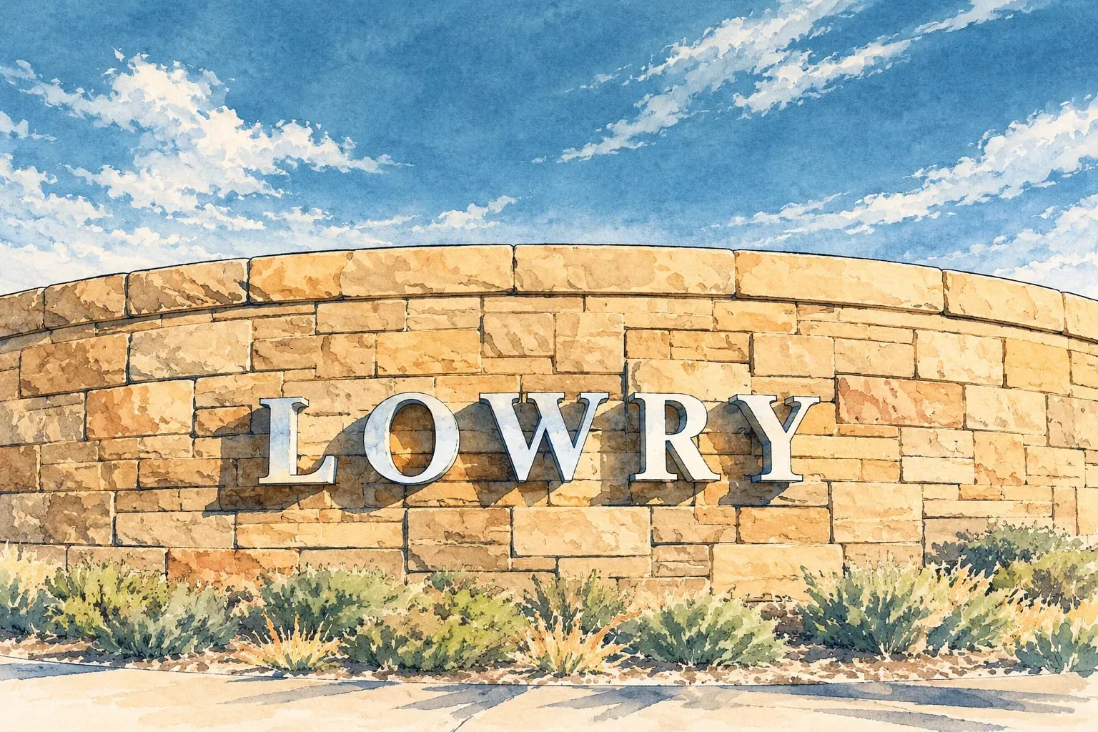 Ink and watercolor illustration of the Lowry sandstone entry wall