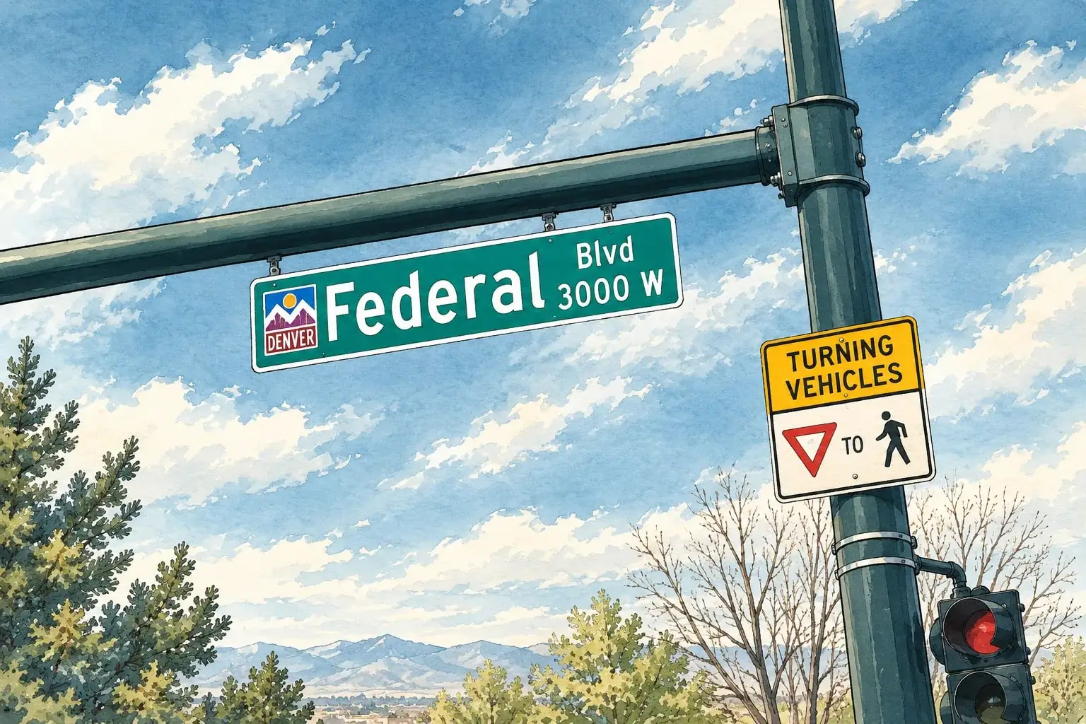 Ink and watercolor illustration of a Federal Boulevard street sign against a Colorado sky with the mountains beyond