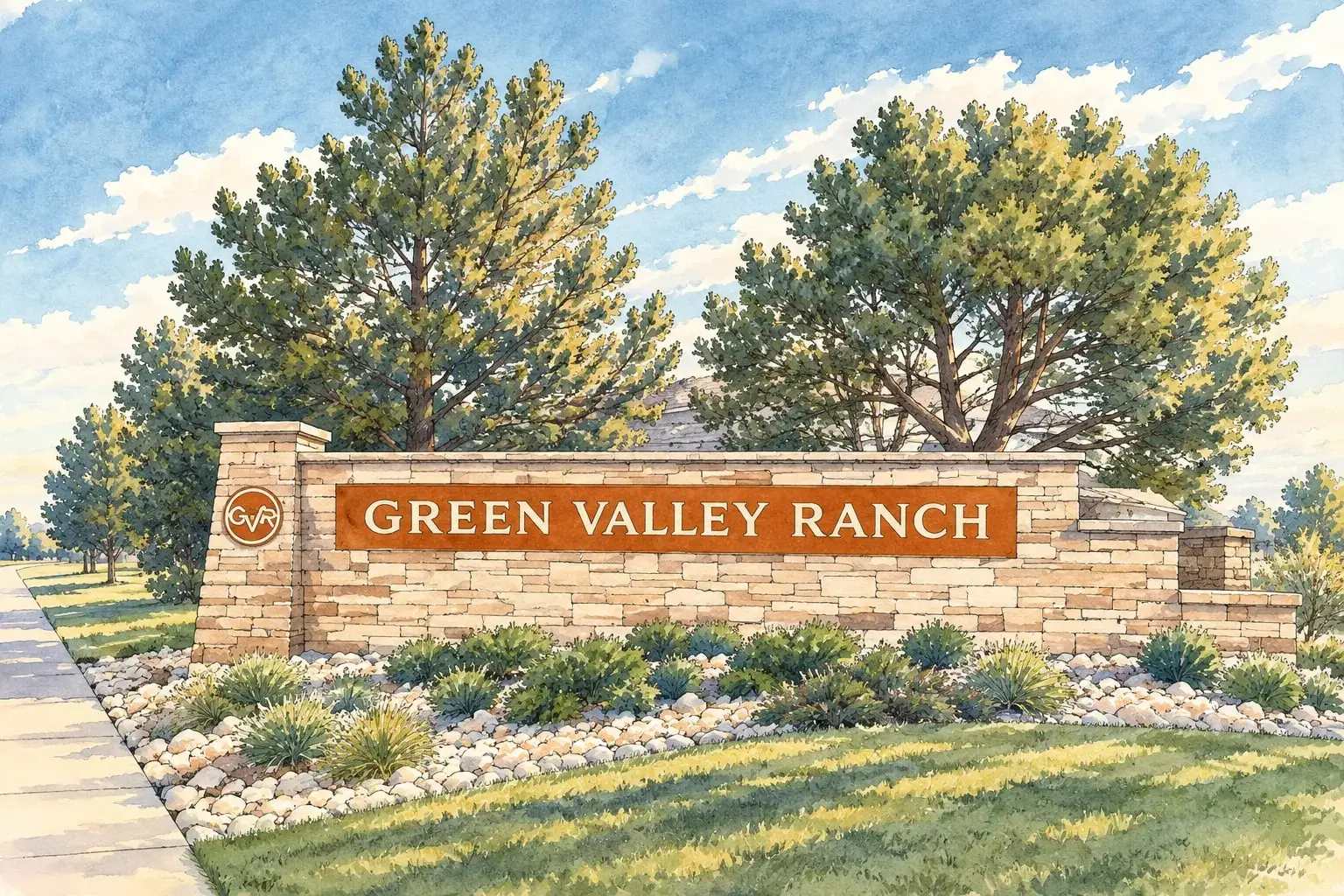 Ink and watercolor illustration of the Green Valley Ranch stone entry wall among pines