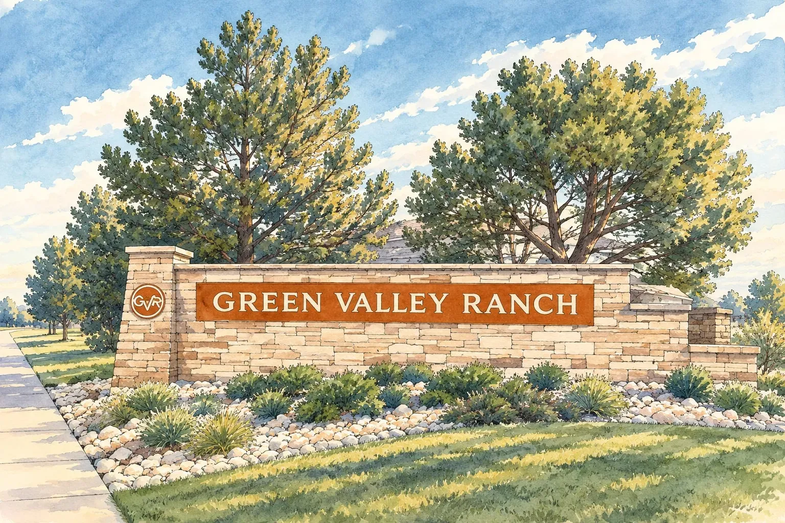 Ink and watercolor illustration of the Green Valley Ranch stone entry wall among pines