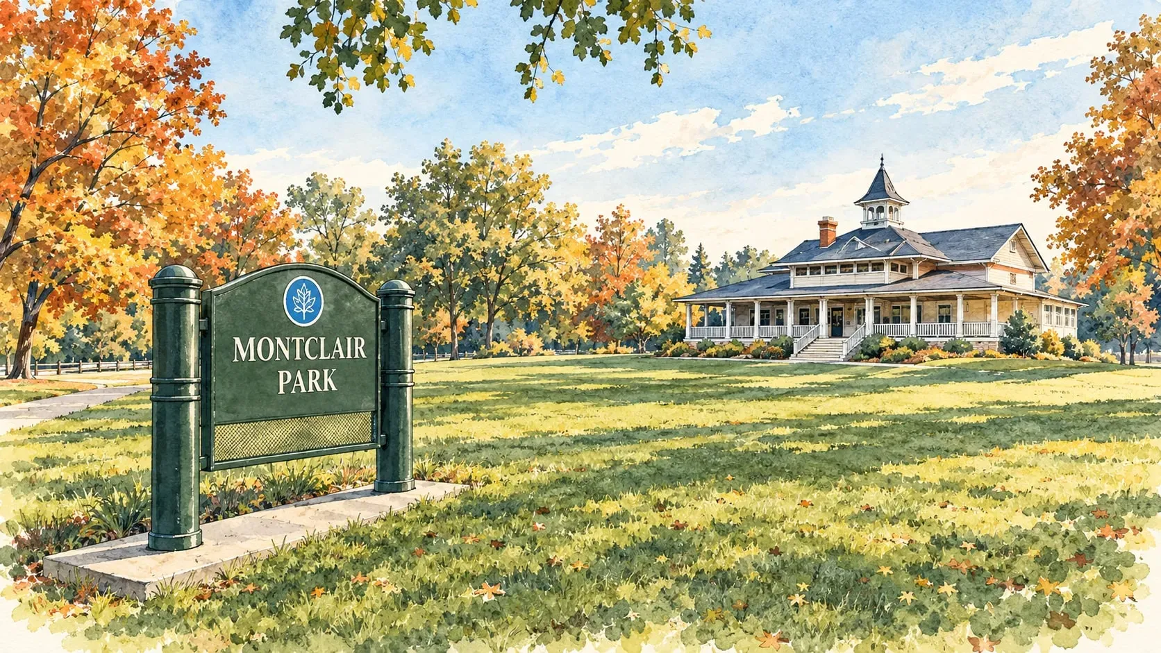 Ink and watercolor illustration of the Montclair Park sign with the Montclair Civic Building in autumn