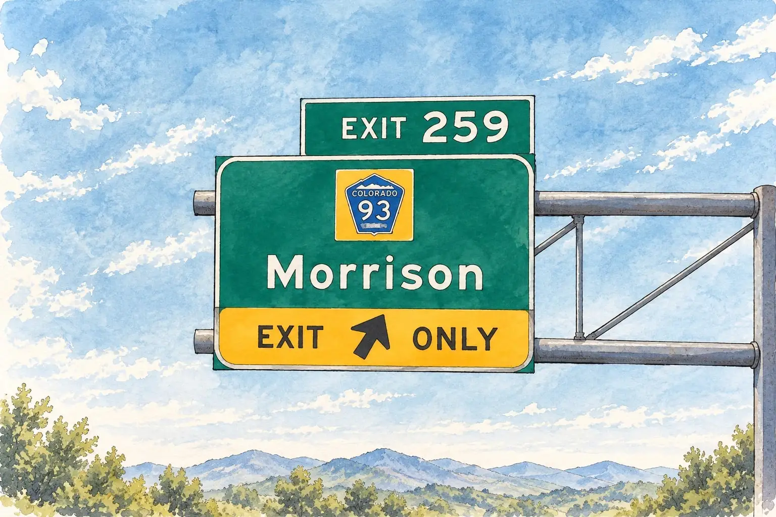 Ink and watercolor illustration of the Morrison exit sign with the foothills beyond