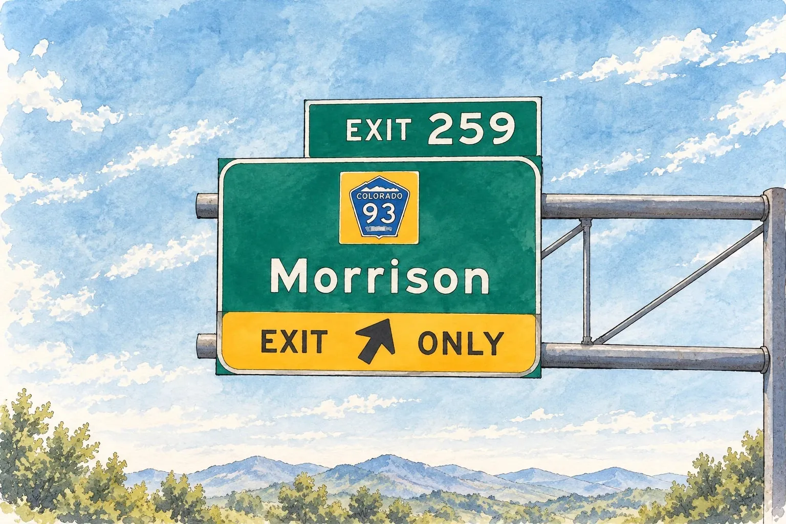 Ink and watercolor illustration of the Morrison exit sign with the foothills beyond