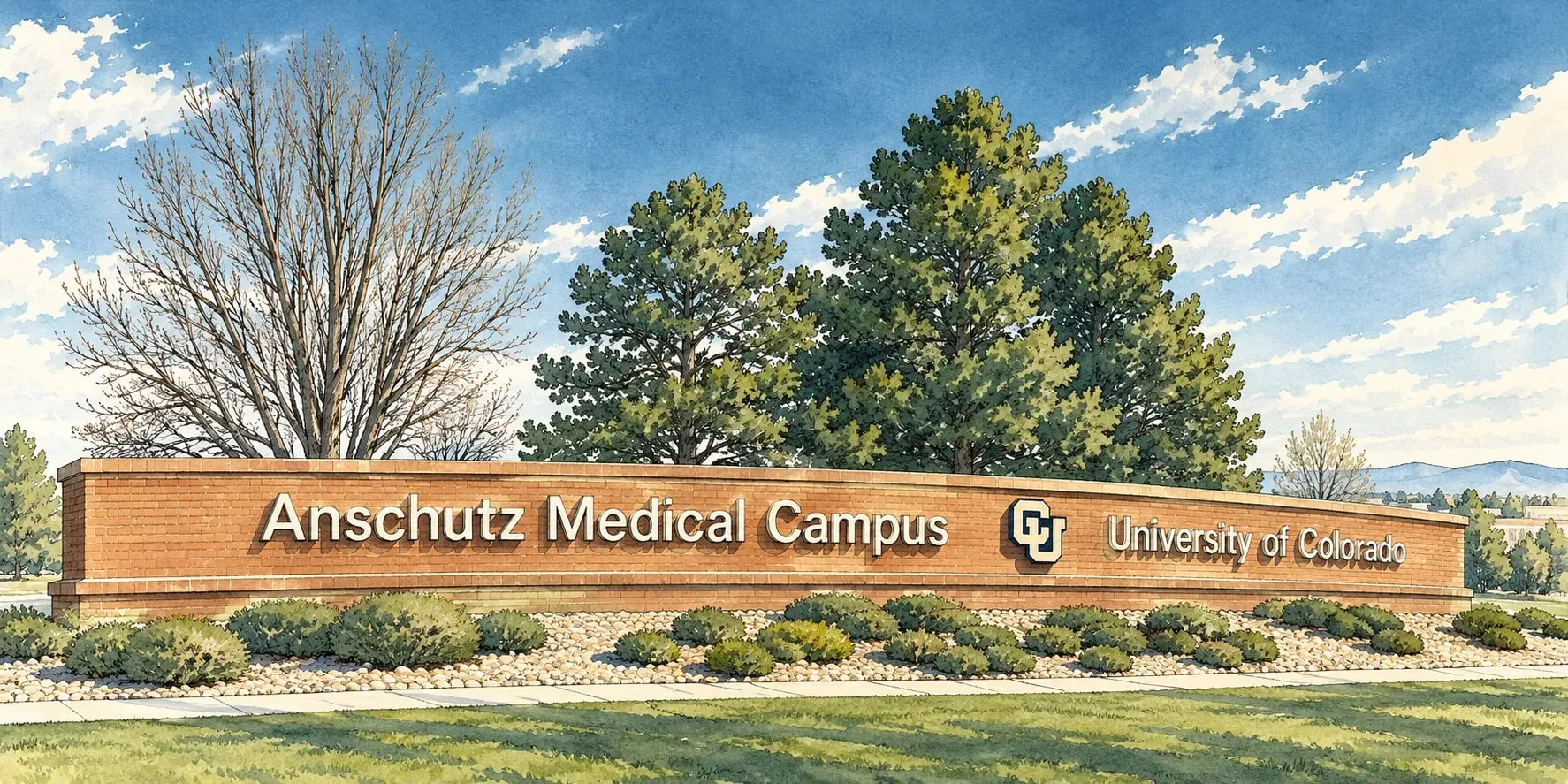Ink and watercolor illustration of the Anschutz Medical Campus brick entry wall