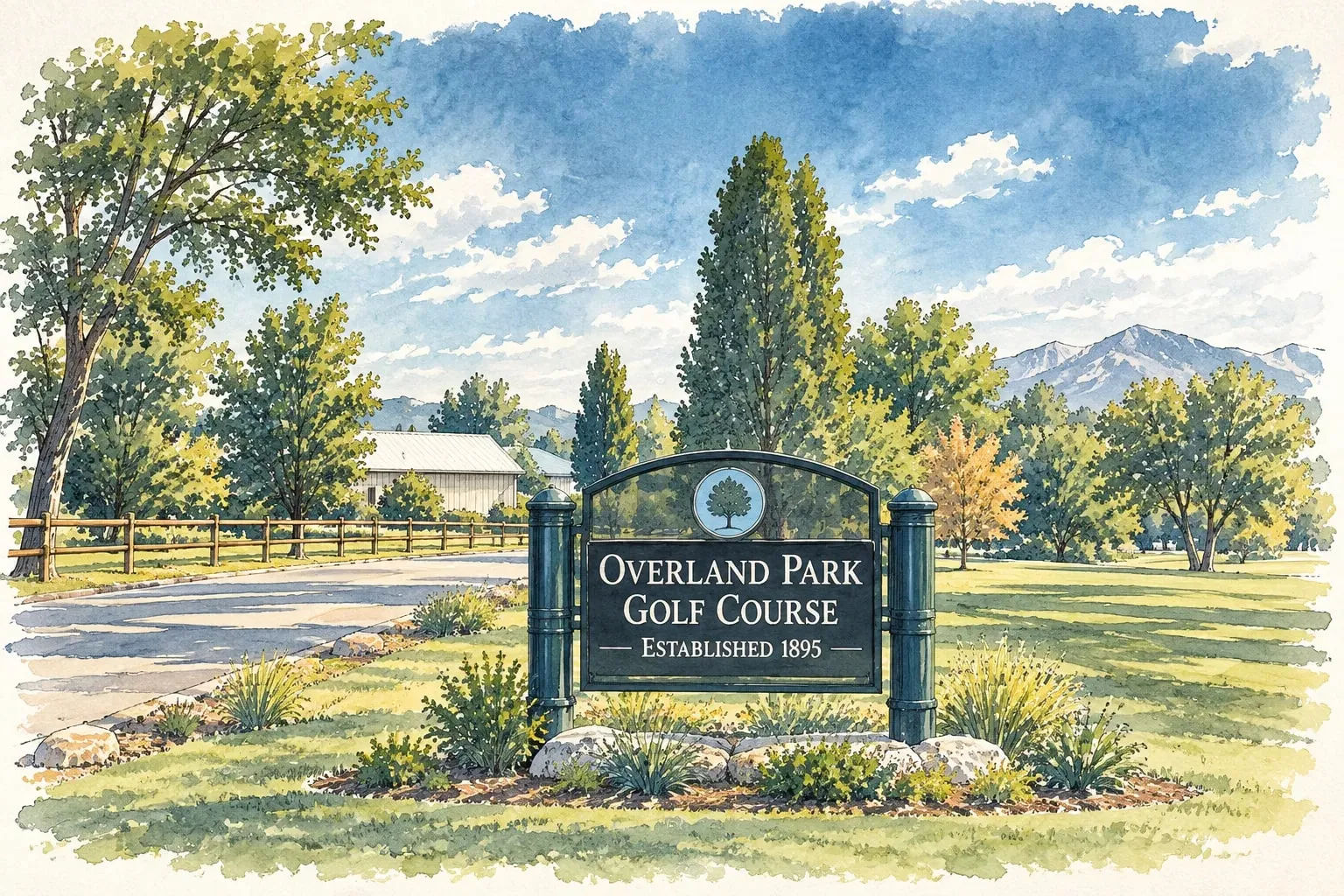 Ink and watercolor illustration of the Overland Park Golf Course sign with the mountains beyond