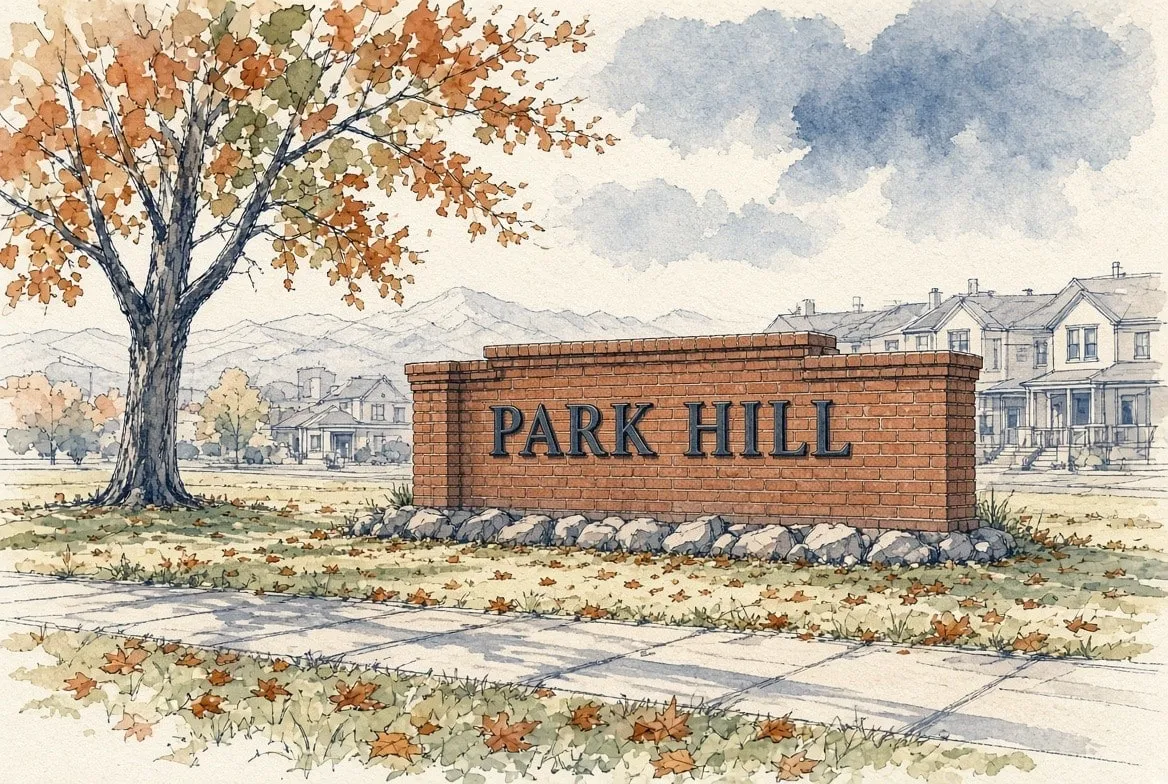 Ink and watercolor illustration of a brick Park Hill neighborhood sign under an autumn maple