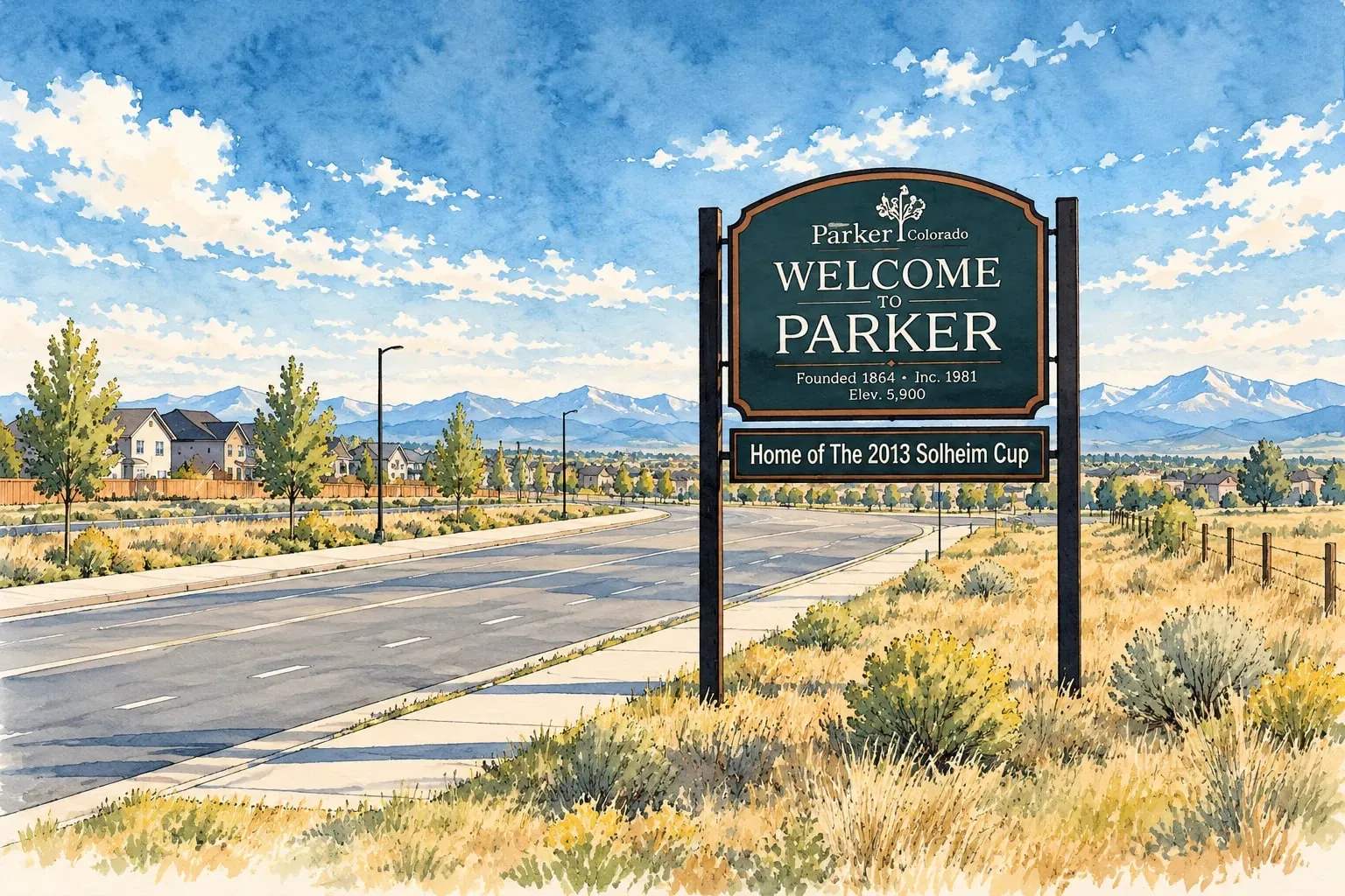 Ink and watercolor illustration of the Welcome to Parker sign beside Parker Road with the mountains beyond