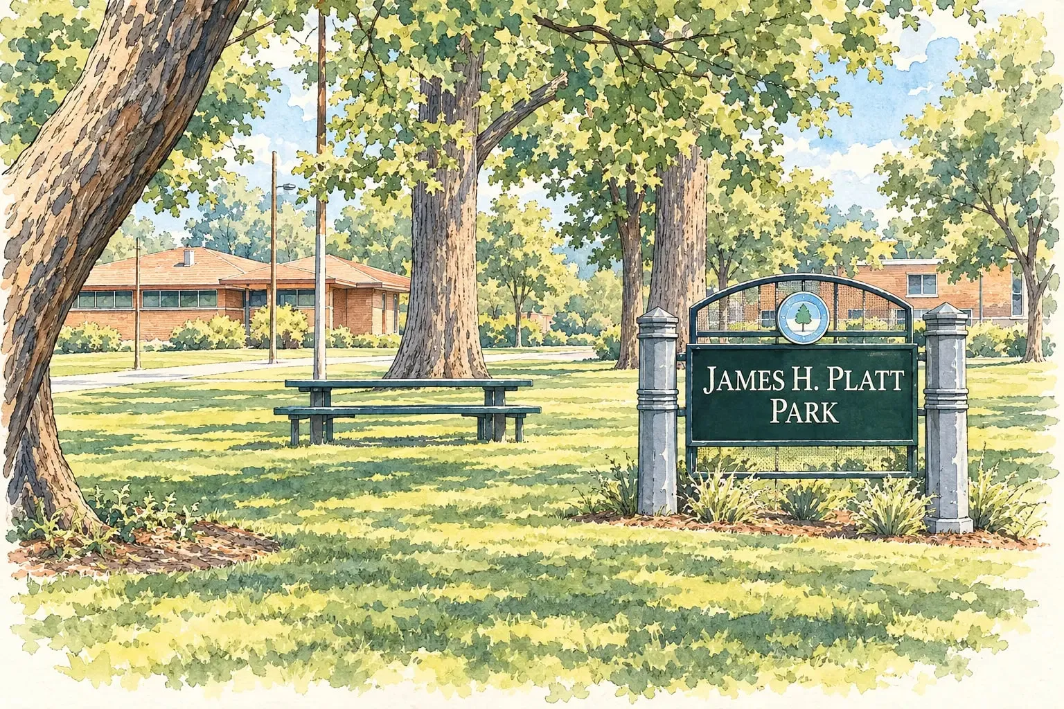 Ink and watercolor illustration of the James H. Platt Park sign under mature trees
