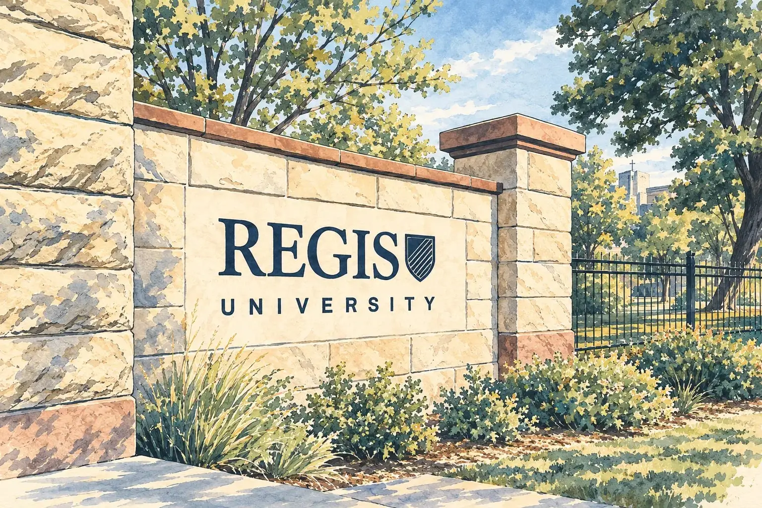 Ink and watercolor illustration of the Regis University entry wall with the campus trees behind