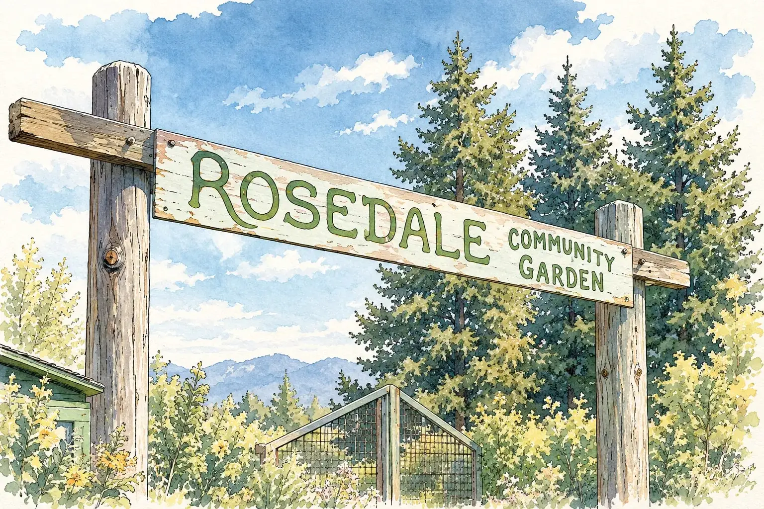 Ink and watercolor illustration of the Rosedale Community Garden sign