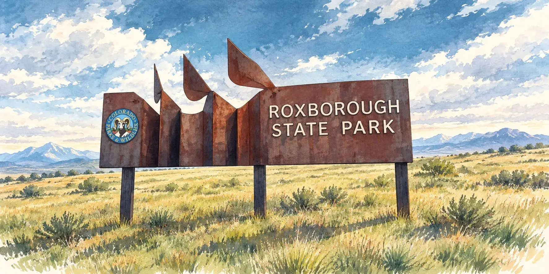 Ink and watercolor illustration of the rusted-steel Roxborough State Park entry sign on the prairie