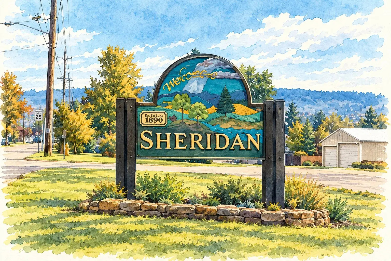 Ink and watercolor illustration of the Sheridan welcome sign, established 1890