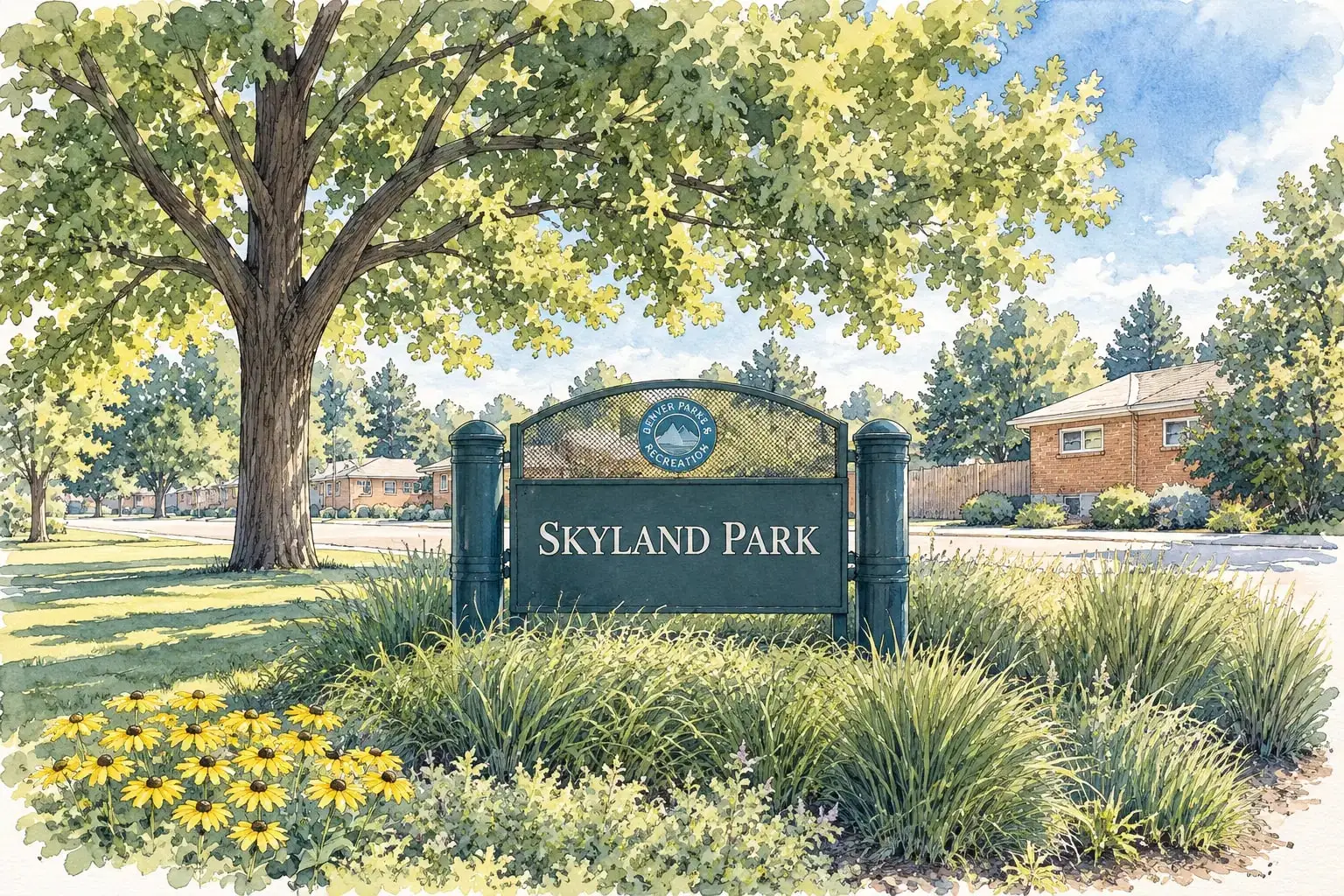 Ink and watercolor illustration of the Skyland Park sign among wildflowers with brick homes behind