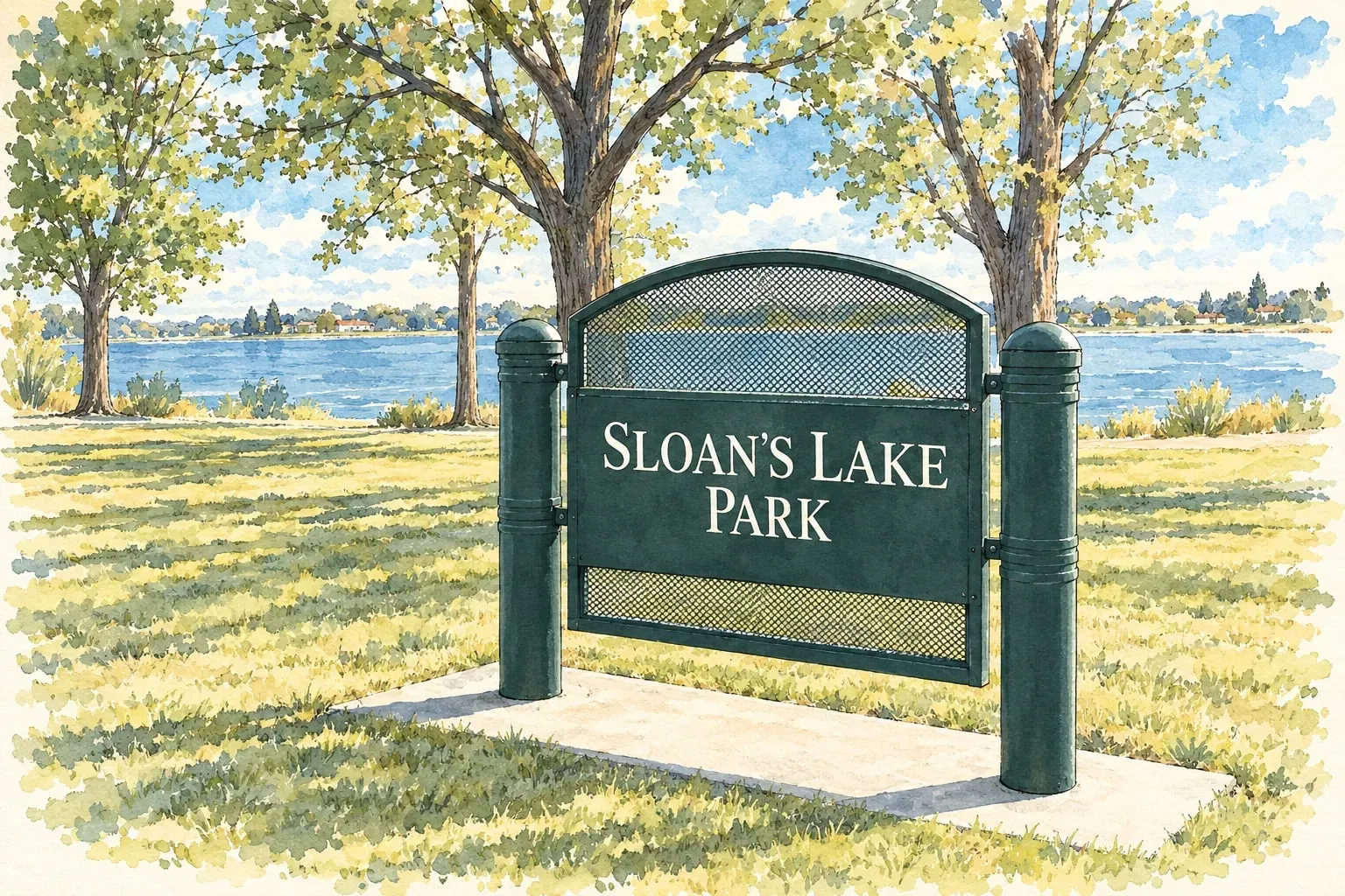Ink and watercolor illustration of the Sloan's Lake Park sign with the lake behind