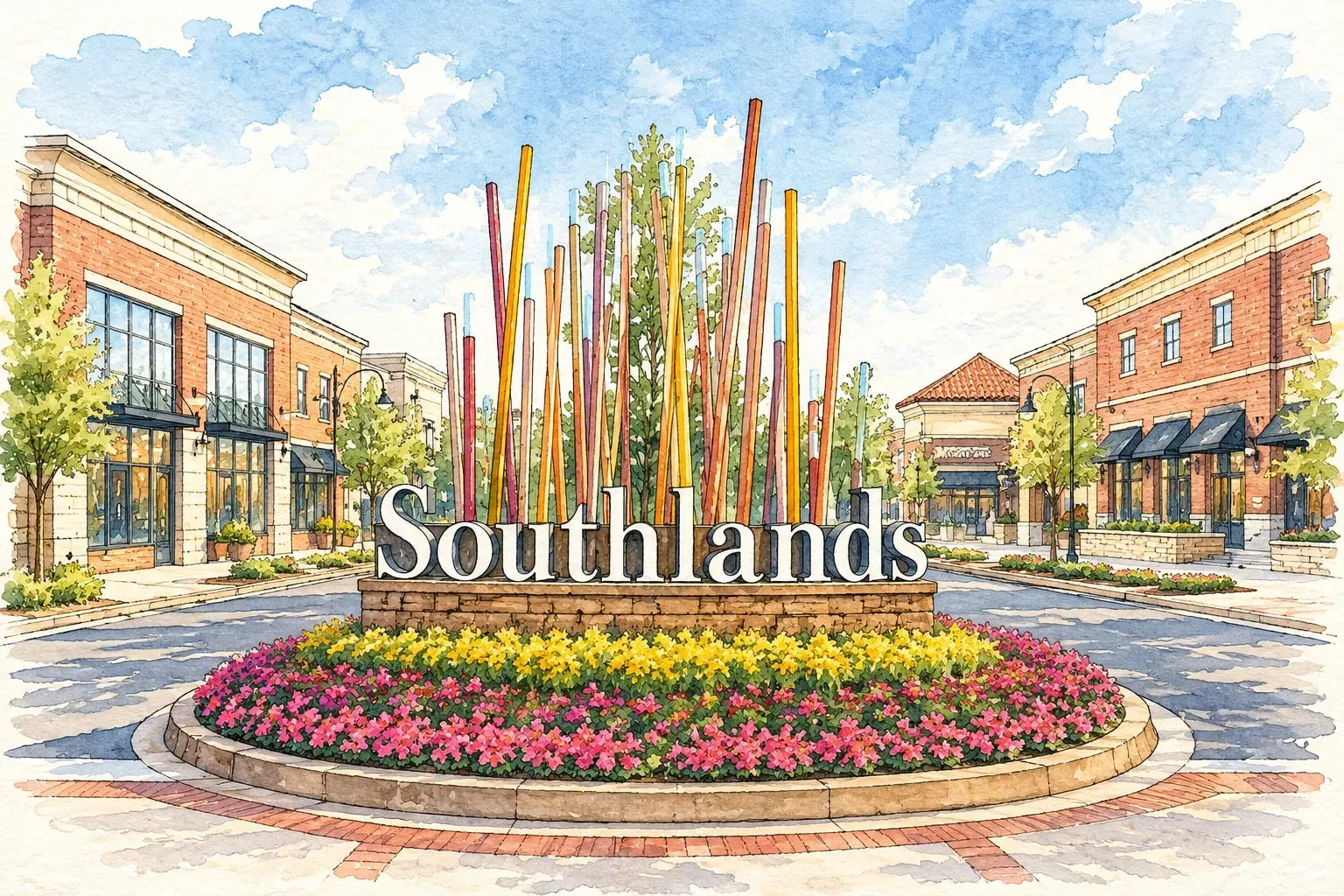 Ink and watercolor illustration of the Southlands sign and its colorful glass-reed sculpture on a flower-ringed roundabout