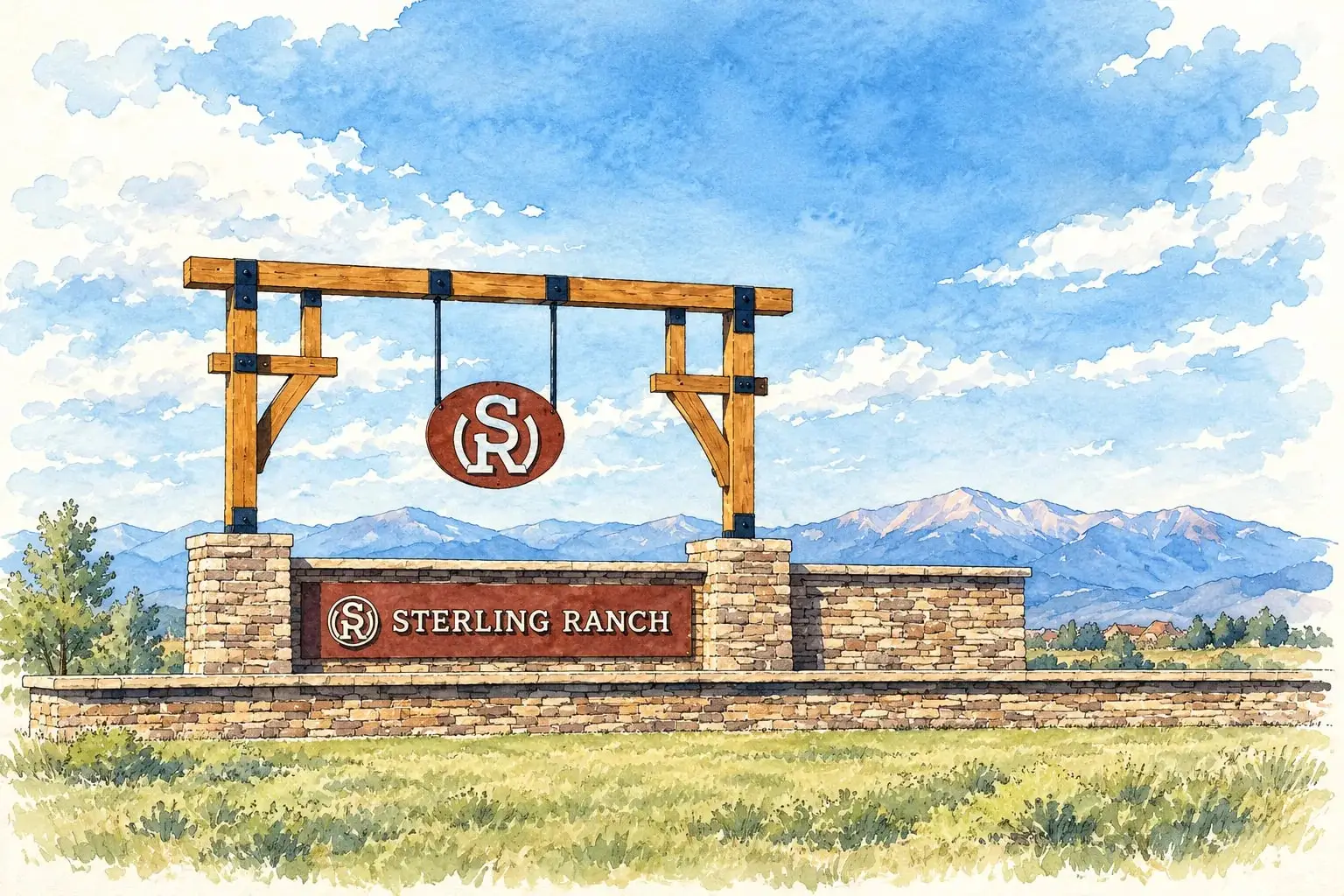 Ink and watercolor illustration of the Sterling Ranch timber-and-stone entry sign with the foothills behind