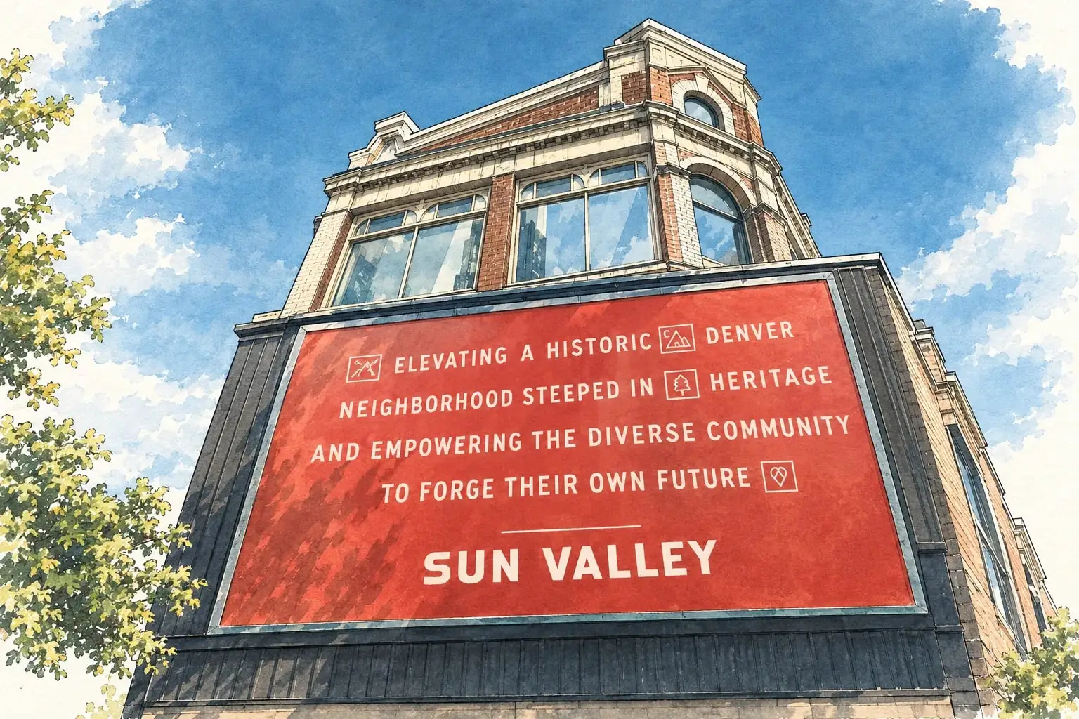 Ink and watercolor illustration of a Sun Valley neighborhood mural on a brick building