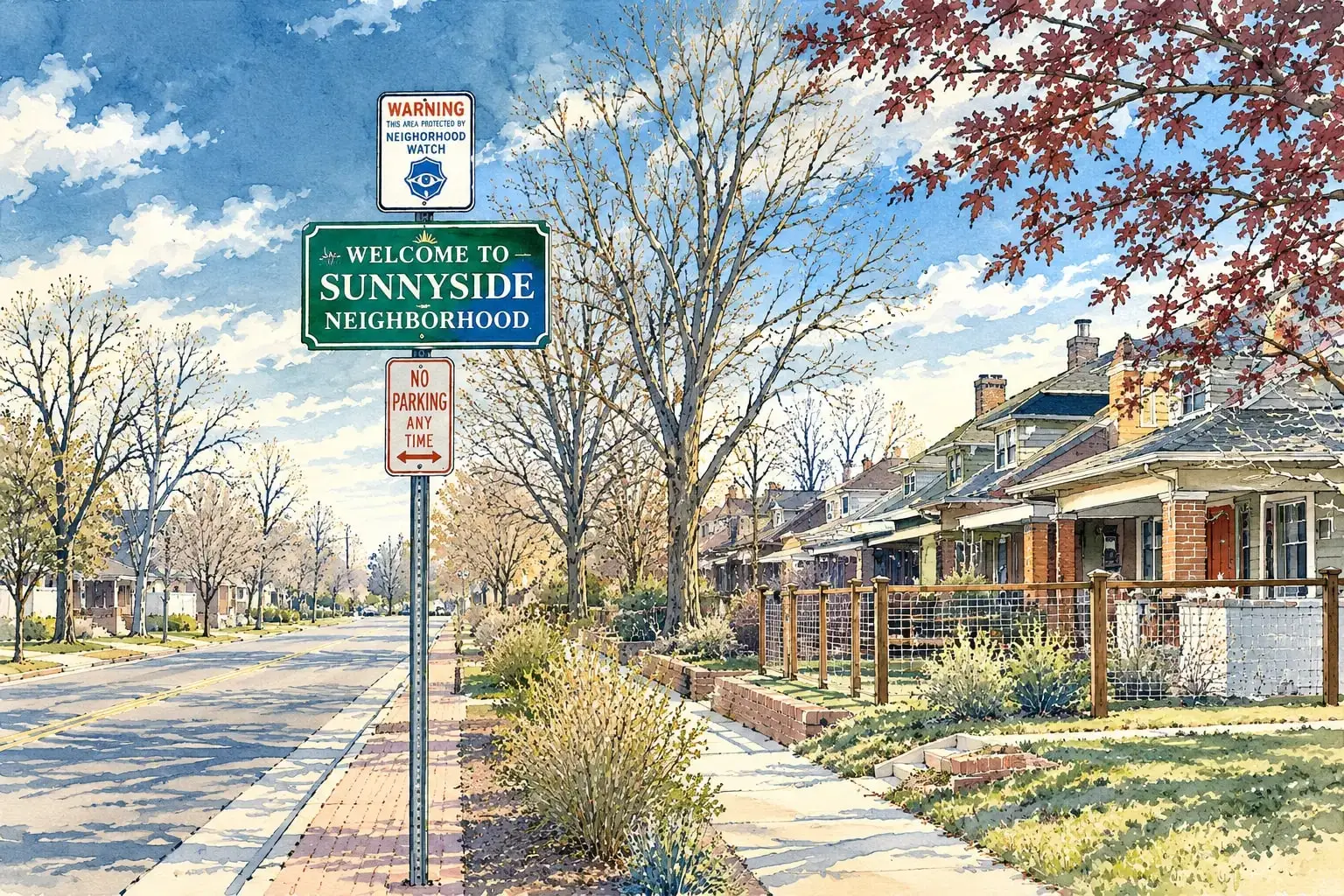 Ink and watercolor illustration of a Welcome to Sunnyside sign on a bungalow-lined street