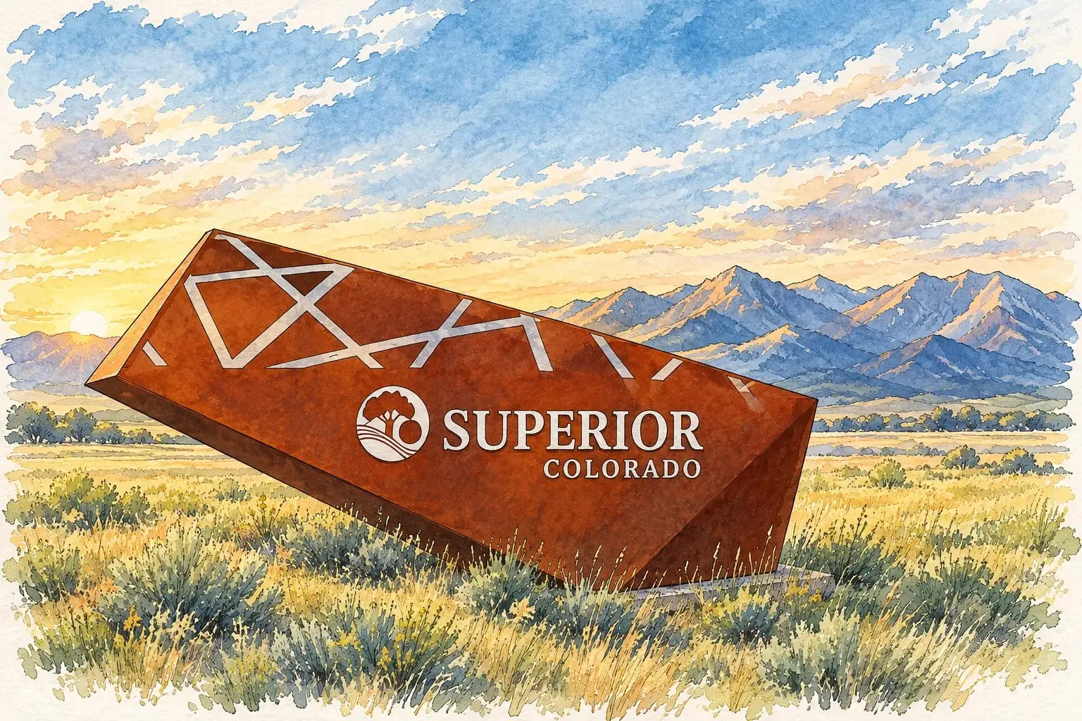 Ink and watercolor illustration of the Superior Colorado steel entry monument at sunrise with the mountains beyond