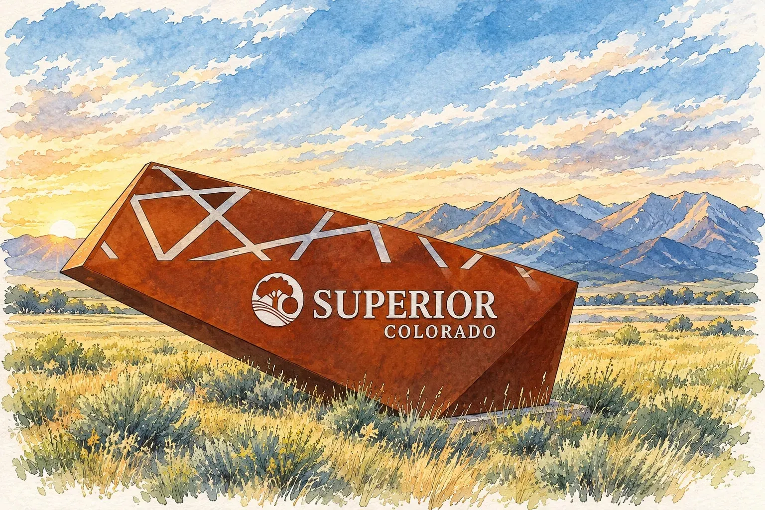 Ink and watercolor illustration of the Superior Colorado steel entry monument at sunrise with the mountains beyond