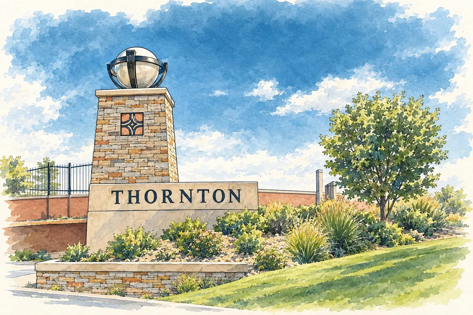 Ink and watercolor illustration of the Thornton stone entry monument with its sphere