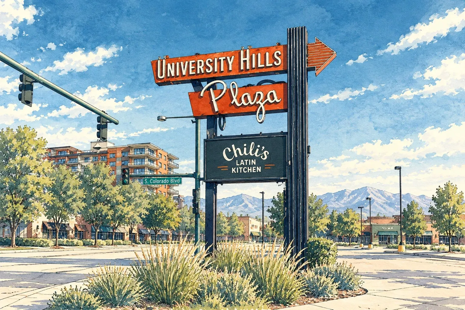 Ink and watercolor illustration of the University Hills Plaza sign on South Colorado Boulevard