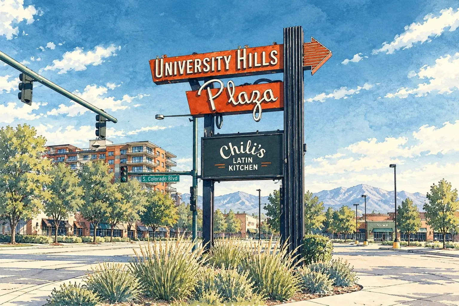 Ink and watercolor illustration of the University Hills Plaza sign on South Colorado Boulevard